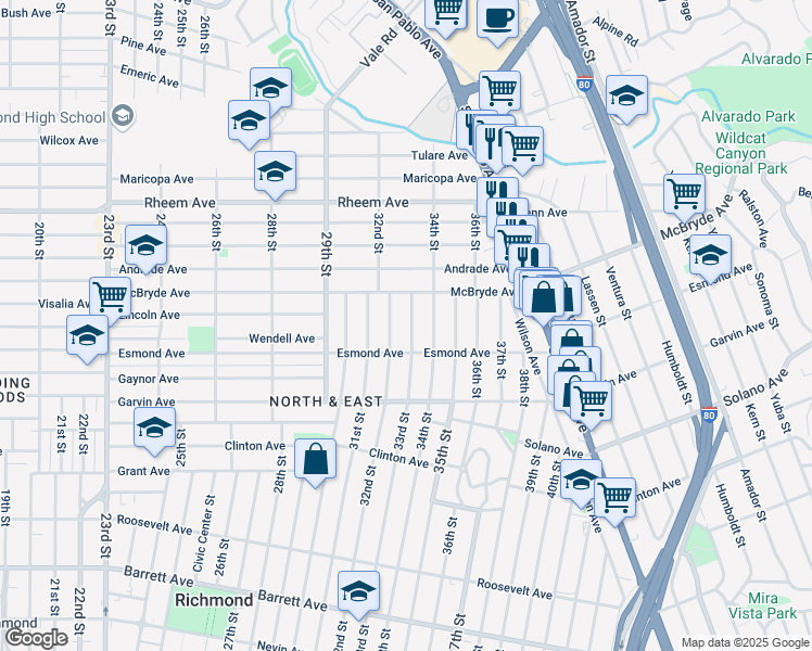 map of restaurants, bars, coffee shops, grocery stores, and more near 919 South 33rd Street in Richmond