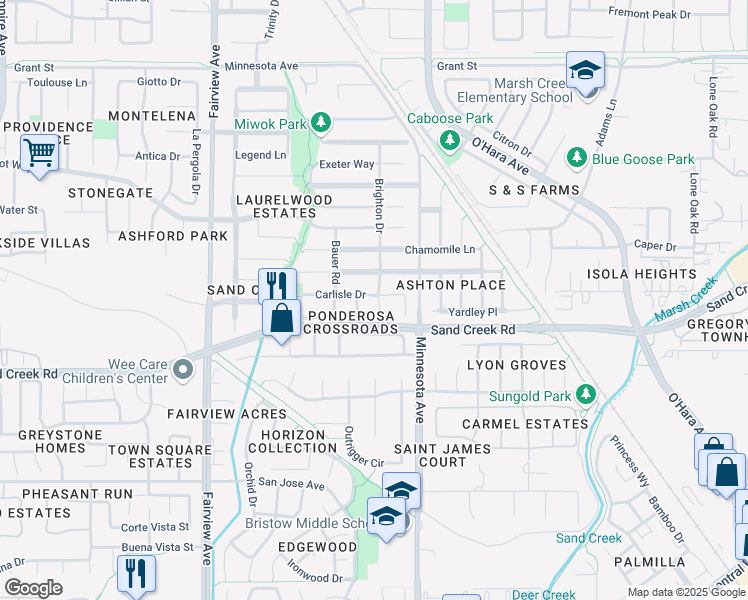 map of restaurants, bars, coffee shops, grocery stores, and more near 1367 Windy Vale Court in Brentwood