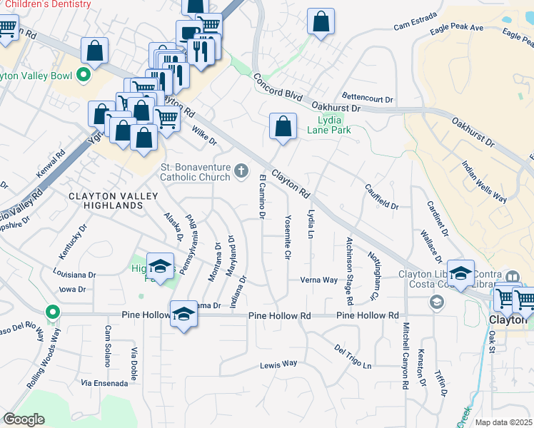 map of restaurants, bars, coffee shops, grocery stores, and more near 5610 Shasta Court in Clayton