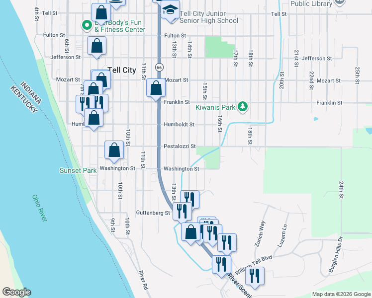 map of restaurants, bars, coffee shops, grocery stores, and more near 300-398 14th Street in Tell City