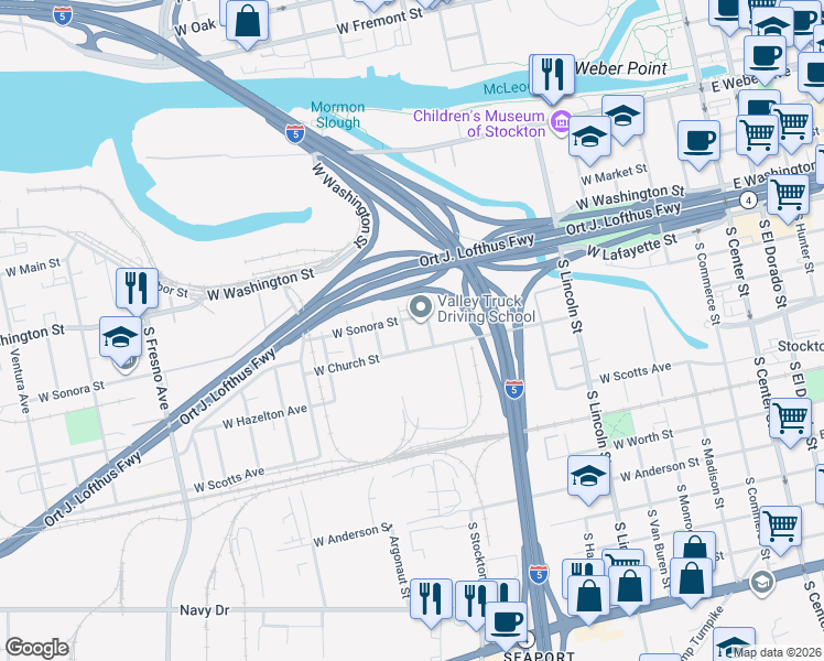 map of restaurants, bars, coffee shops, grocery stores, and more near 447 South Stockton Street in Stockton