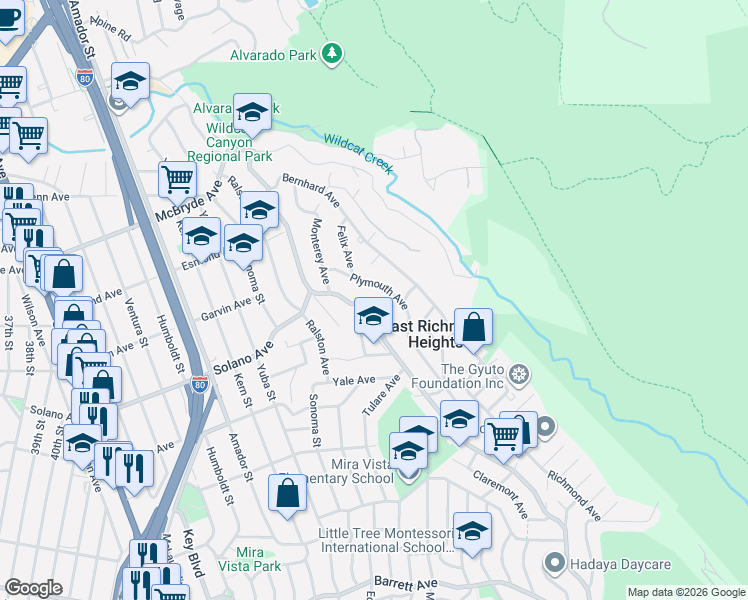 map of restaurants, bars, coffee shops, grocery stores, and more near in East Richmond Heights
