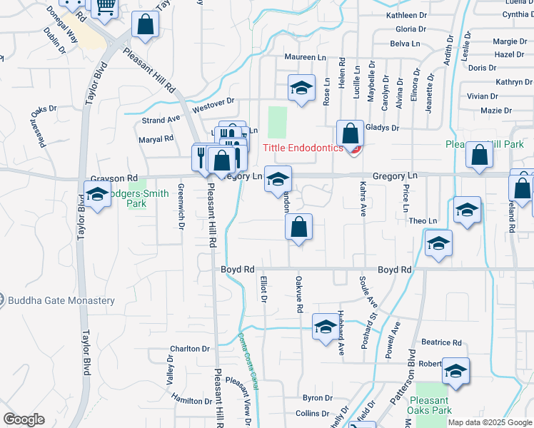 map of restaurants, bars, coffee shops, grocery stores, and more near 109 Allen Way in Pleasant Hill