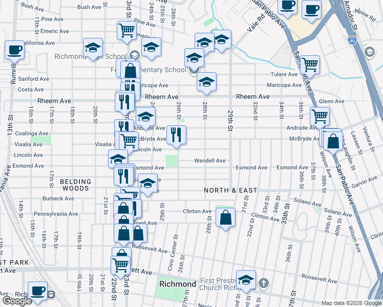 map of restaurants, bars, coffee shops, grocery stores, and more near 2730 Wendell Avenue in Richmond