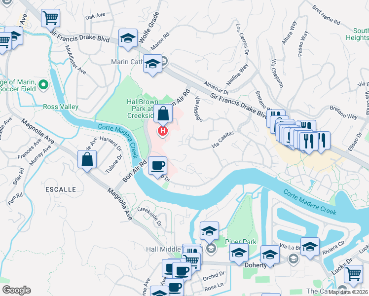 map of restaurants, bars, coffee shops, grocery stores, and more near 565 Vía Casitas in Kentfield