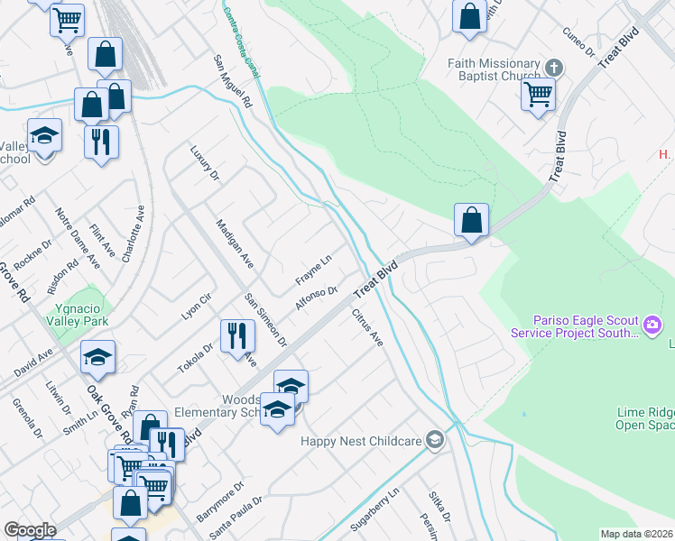 map of restaurants, bars, coffee shops, grocery stores, and more near 3350 Alfonso Drive in Concord