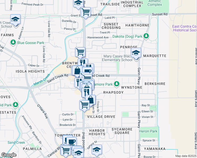 map of restaurants, bars, coffee shops, grocery stores, and more near 326 Bear Creek Drive in Brentwood