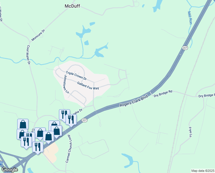 map of restaurants, bars, coffee shops, grocery stores, and more near 10648 Gallant Fox Way in Ruther Glen