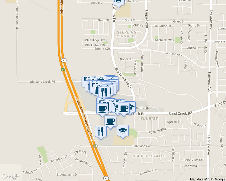 map of restaurants, bars, coffee shops, grocery stores, and more near 2565 Sand Creek Road in Brentwood