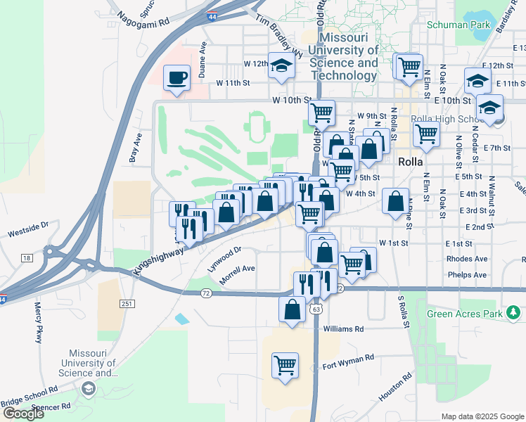 map of restaurants, bars, coffee shops, grocery stores, and more near 1019 Kingshighway in Rolla