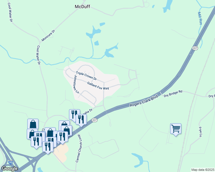 map of restaurants, bars, coffee shops, grocery stores, and more near 10603 Gallant Fox Way in Ruther Glen