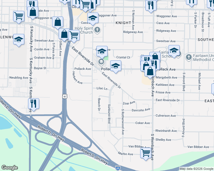 map of restaurants, bars, coffee shops, grocery stores, and more near 1505 Lilac Lane in Evansville
