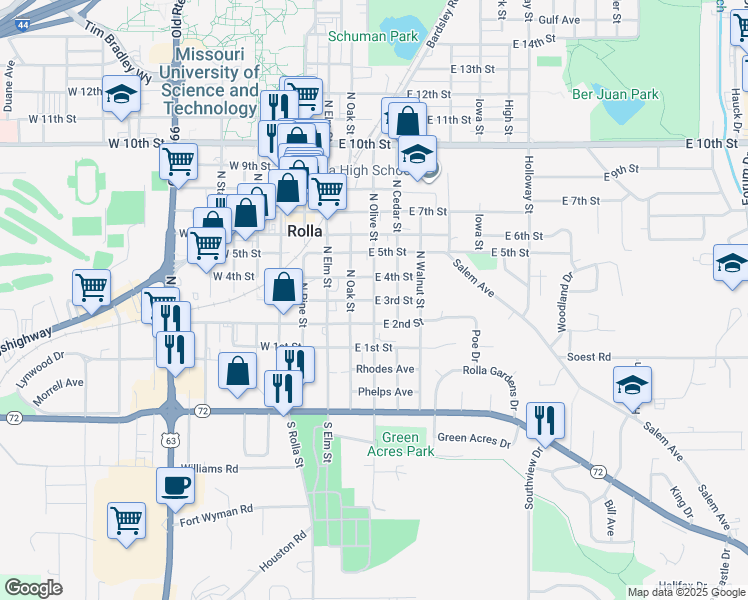 map of restaurants, bars, coffee shops, grocery stores, and more near East 3rd Street in Rolla
