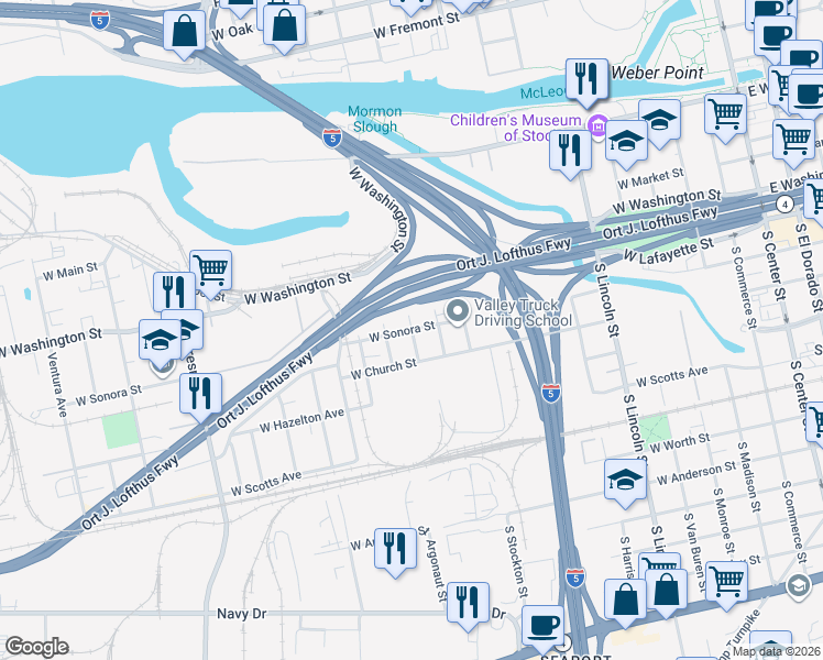 map of restaurants, bars, coffee shops, grocery stores, and more near 399 South San Jose Street in Stockton