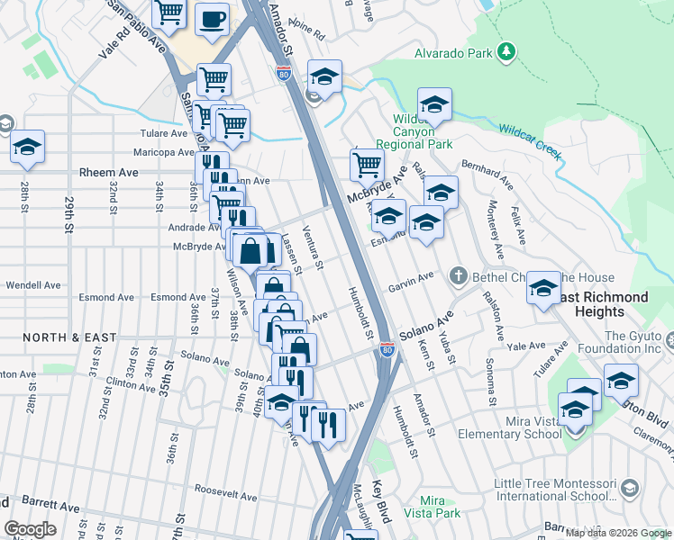 map of restaurants, bars, coffee shops, grocery stores, and more near 844 Ventura Street in Richmond