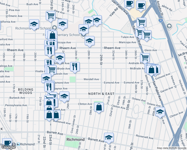 map of restaurants, bars, coffee shops, grocery stores, and more near 2839 Esmond Avenue in Richmond