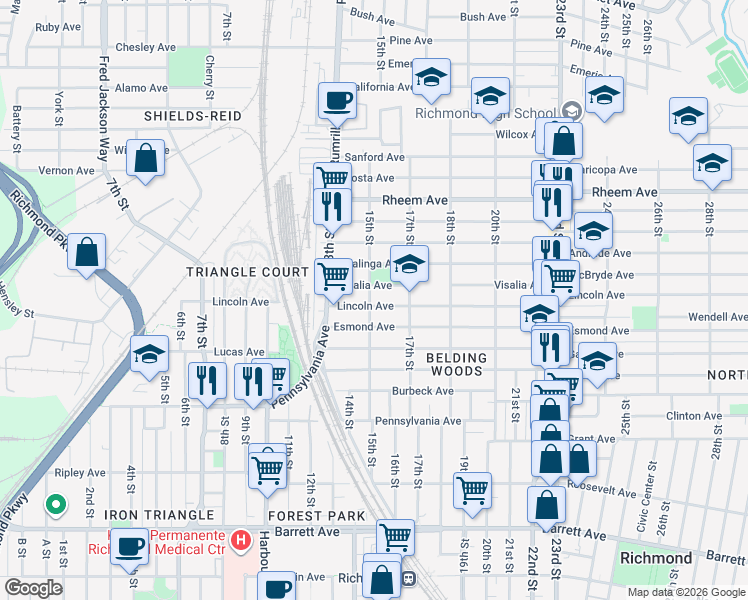 map of restaurants, bars, coffee shops, grocery stores, and more near 1521 Esmond Avenue in Richmond