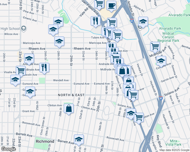 map of restaurants, bars, coffee shops, grocery stores, and more near 919 South 33rd Street in Richmond