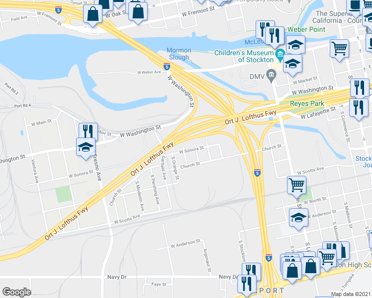 map of restaurants, bars, coffee shops, grocery stores, and more near 1035 West Sonora Street in Stockton