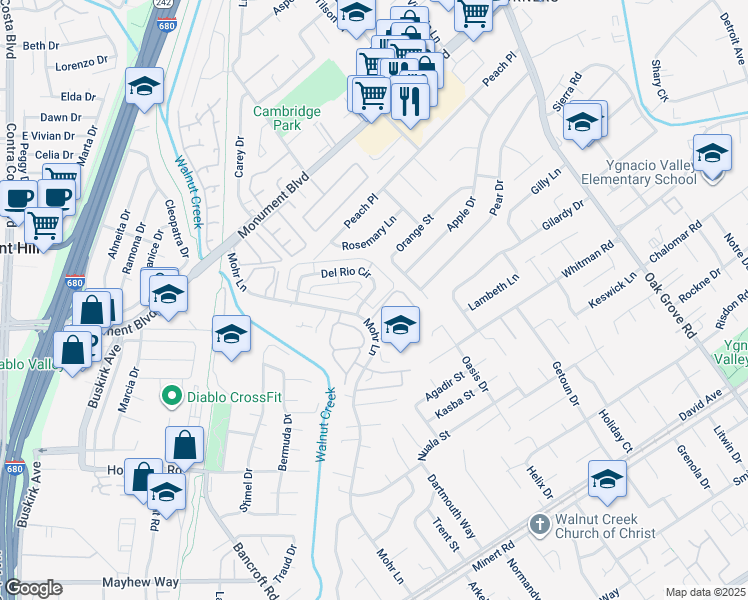 map of restaurants, bars, coffee shops, grocery stores, and more near 1493 Del Rio Circle in Concord