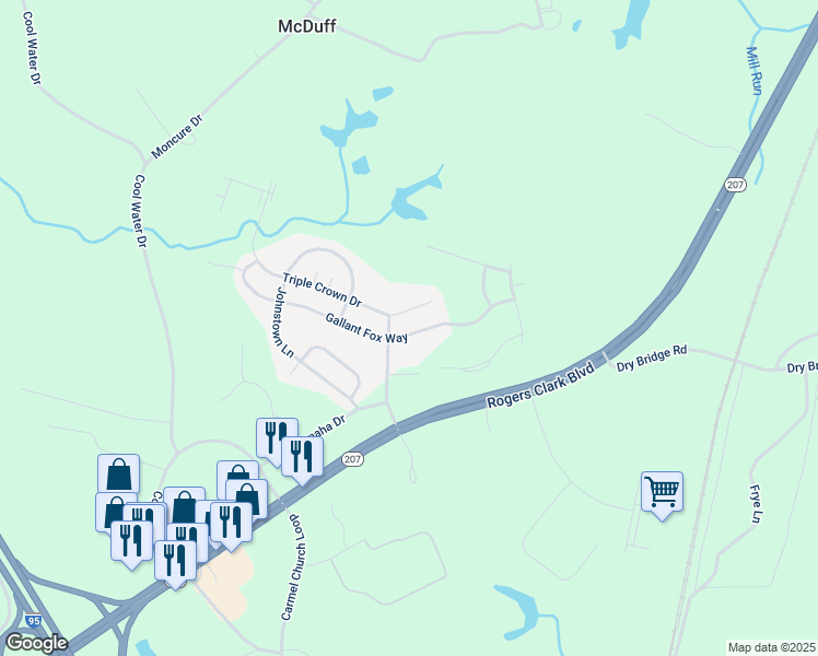 map of restaurants, bars, coffee shops, grocery stores, and more near 10611 Gallant Fox Way in Ruther Glen