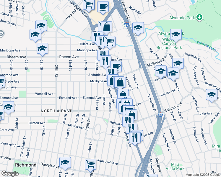 map of restaurants, bars, coffee shops, grocery stores, and more near 956 Wilson Avenue in Richmond