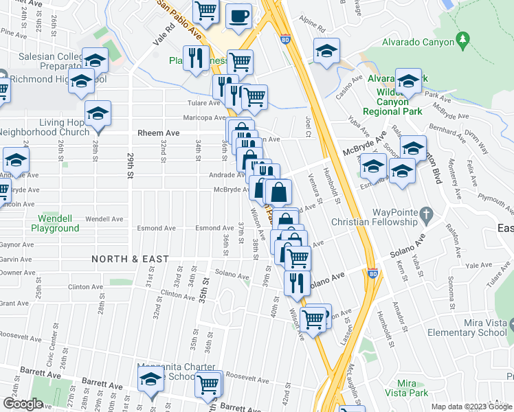 map of restaurants, bars, coffee shops, grocery stores, and more near 956 Wilson Avenue in Richmond