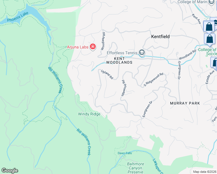 map of restaurants, bars, coffee shops, grocery stores, and more near 45 Westwood Drive in Kentfield