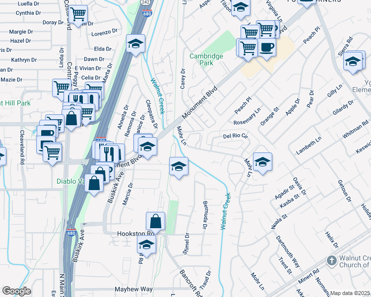 map of restaurants, bars, coffee shops, grocery stores, and more near 1094 Mohr Lane in Concord