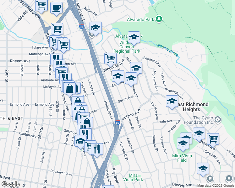 map of restaurants, bars, coffee shops, grocery stores, and more near 874 Kern Street in Richmond