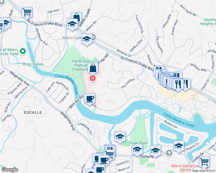 map of restaurants, bars, coffee shops, grocery stores, and more near Vía Casitas & Corte Oriental in Larkspur