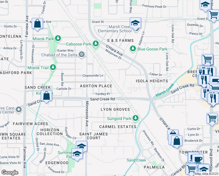 map of restaurants, bars, coffee shops, grocery stores, and more near 975 Chamomile Lane in Brentwood