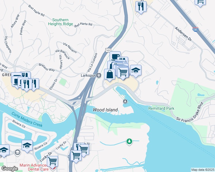 map of restaurants, bars, coffee shops, grocery stores, and more near 601 Larkspur Landing Circle in Larkspur