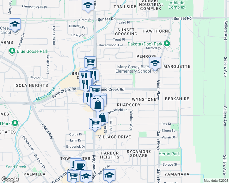 map of restaurants, bars, coffee shops, grocery stores, and more near 166 Wooley Creek Way in Brentwood