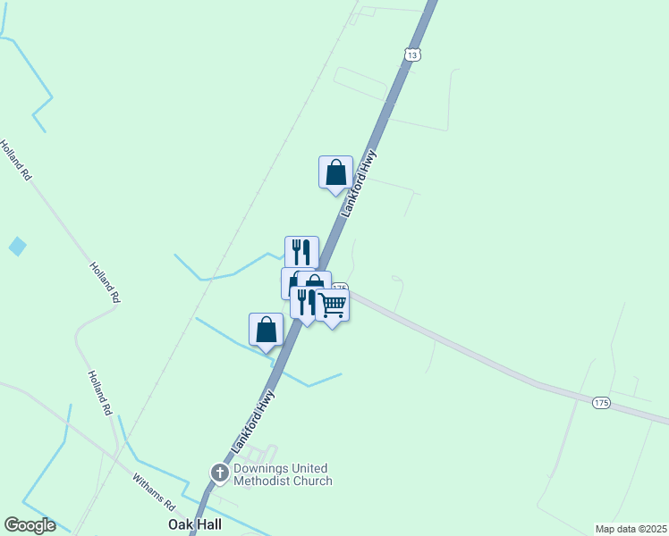 map of restaurants, bars, coffee shops, grocery stores, and more near 6461 Lankford Highway in Oak Hall