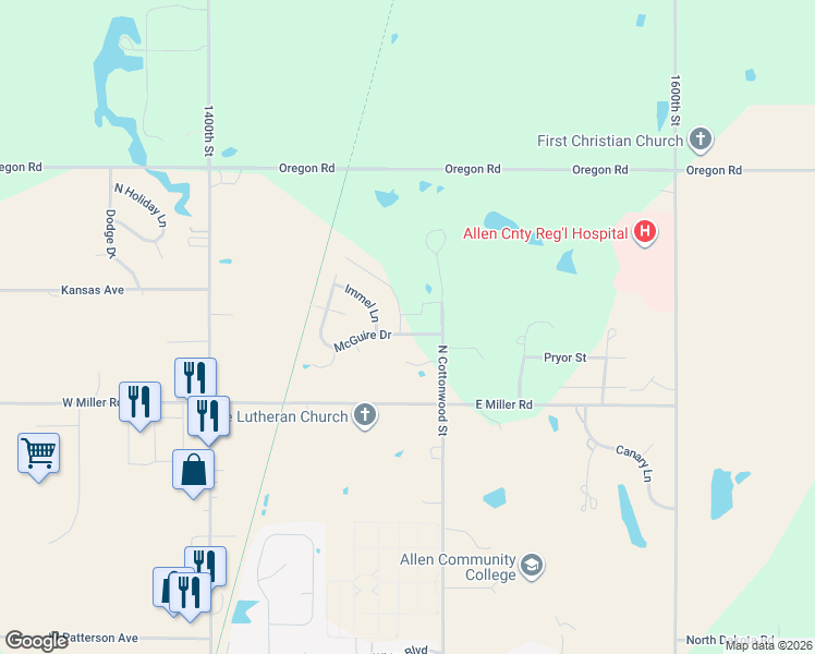 map of restaurants, bars, coffee shops, grocery stores, and more near 102 McGuire Drive in Iola