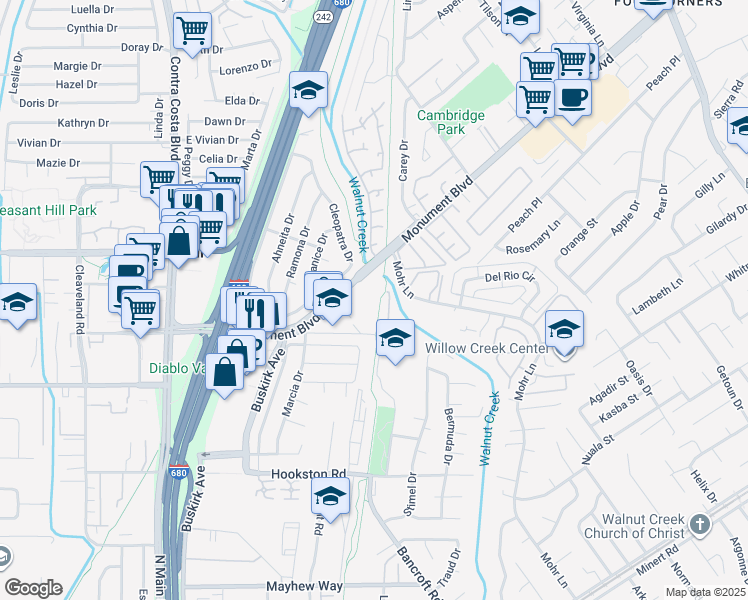 map of restaurants, bars, coffee shops, grocery stores, and more near 2050 Monument Boulevard in Pleasant Hill