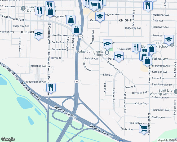 map of restaurants, bars, coffee shops, grocery stores, and more near 2311 Herbert Avenue in Evansville