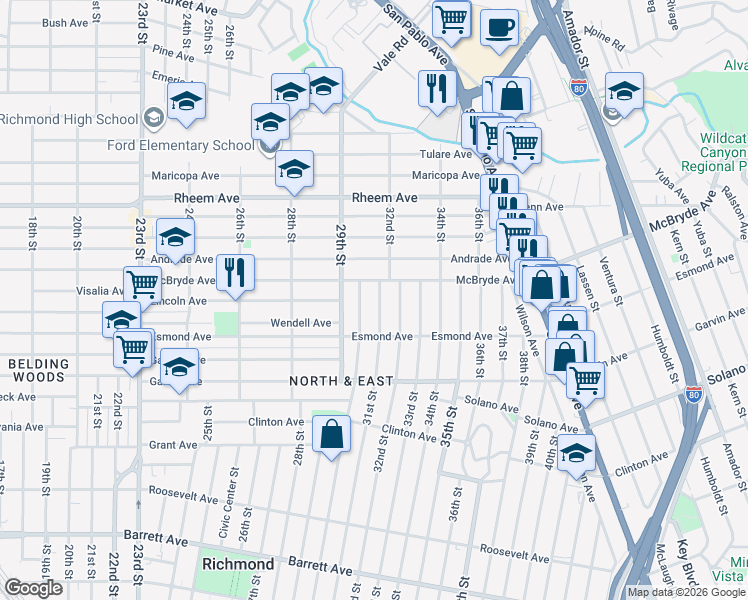 map of restaurants, bars, coffee shops, grocery stores, and more near 967 31st Street in Richmond