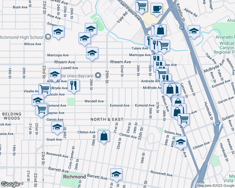 map of restaurants, bars, coffee shops, grocery stores, and more near 967 31st Street in Richmond