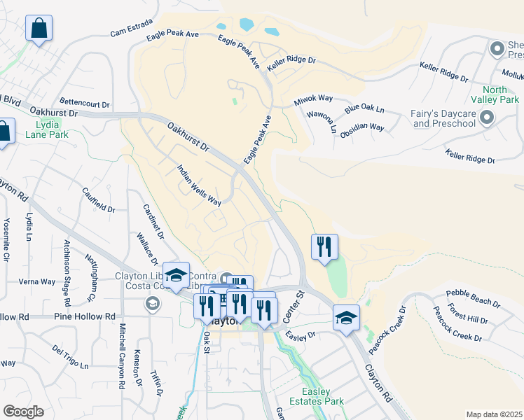 map of restaurants, bars, coffee shops, grocery stores, and more near 1237 Buckeye Terrace in Clayton