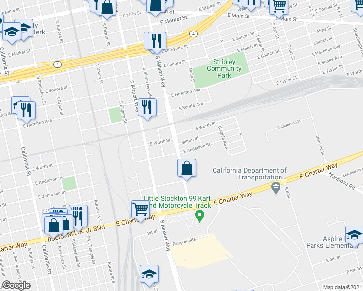map of restaurants, bars, coffee shops, grocery stores, and more near 1510 Milton Street in Stockton