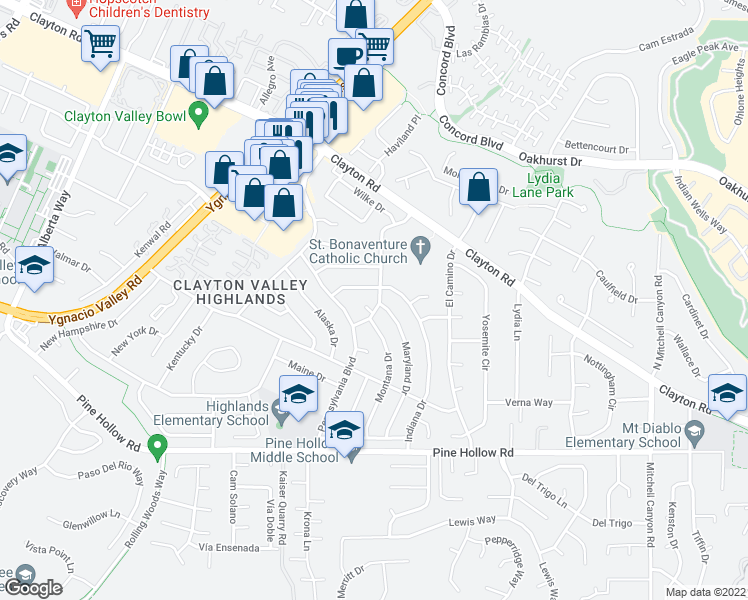 map of restaurants, bars, coffee shops, grocery stores, and more near 5511 Indiana Drive in Concord