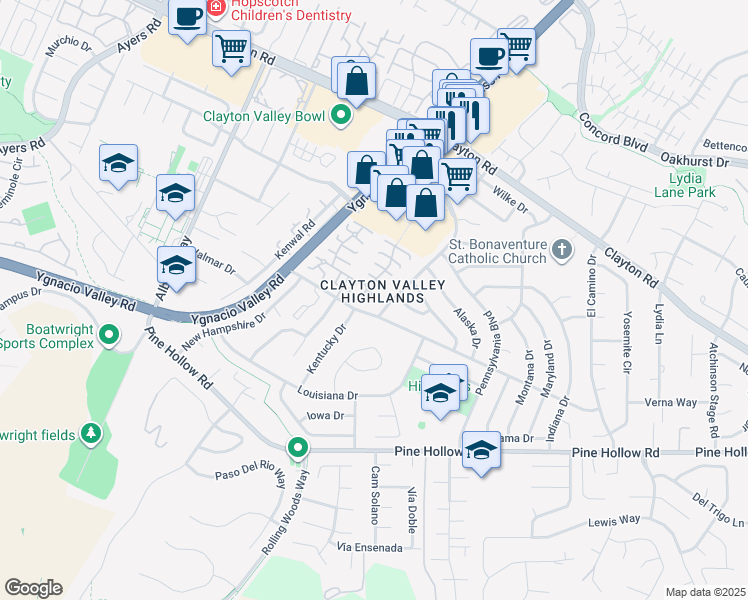 map of restaurants, bars, coffee shops, grocery stores, and more near 5470 Roundtree Drive in Concord