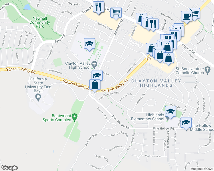map of restaurants, bars, coffee shops, grocery stores, and more near 1093 Kenwal Road in Concord