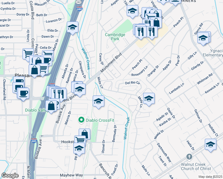 map of restaurants, bars, coffee shops, grocery stores, and more near 1080 Mohr Lane in Concord