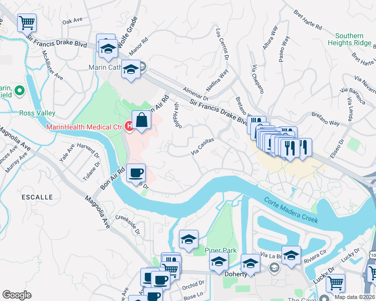 map of restaurants, bars, coffee shops, grocery stores, and more near 902 Vía Casitas in Larkspur