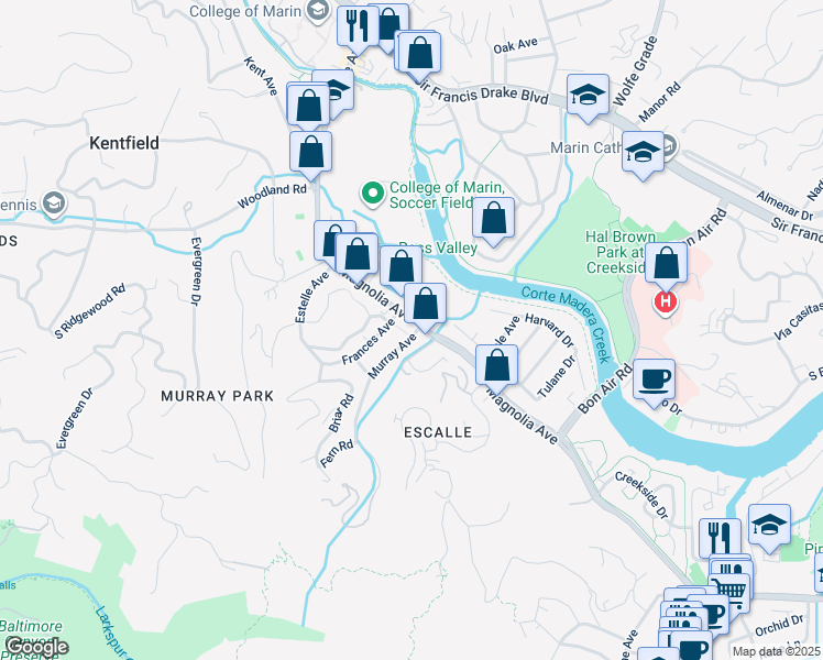 map of restaurants, bars, coffee shops, grocery stores, and more near 1000 Magnolia Avenue in Larkspur