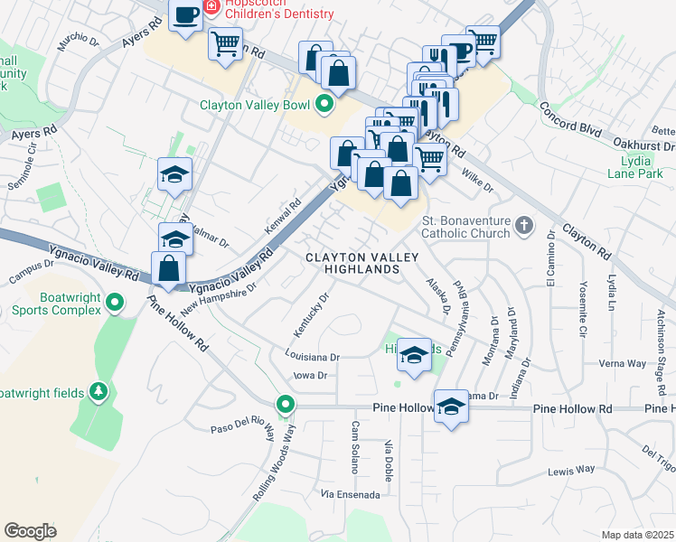 map of restaurants, bars, coffee shops, grocery stores, and more near 5470 Roundtree Drive in Concord