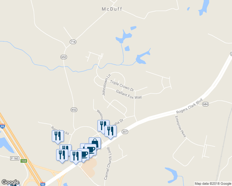 map of restaurants, bars, coffee shops, grocery stores, and more near 10504 Gallant Fox Way in Ruther Glen